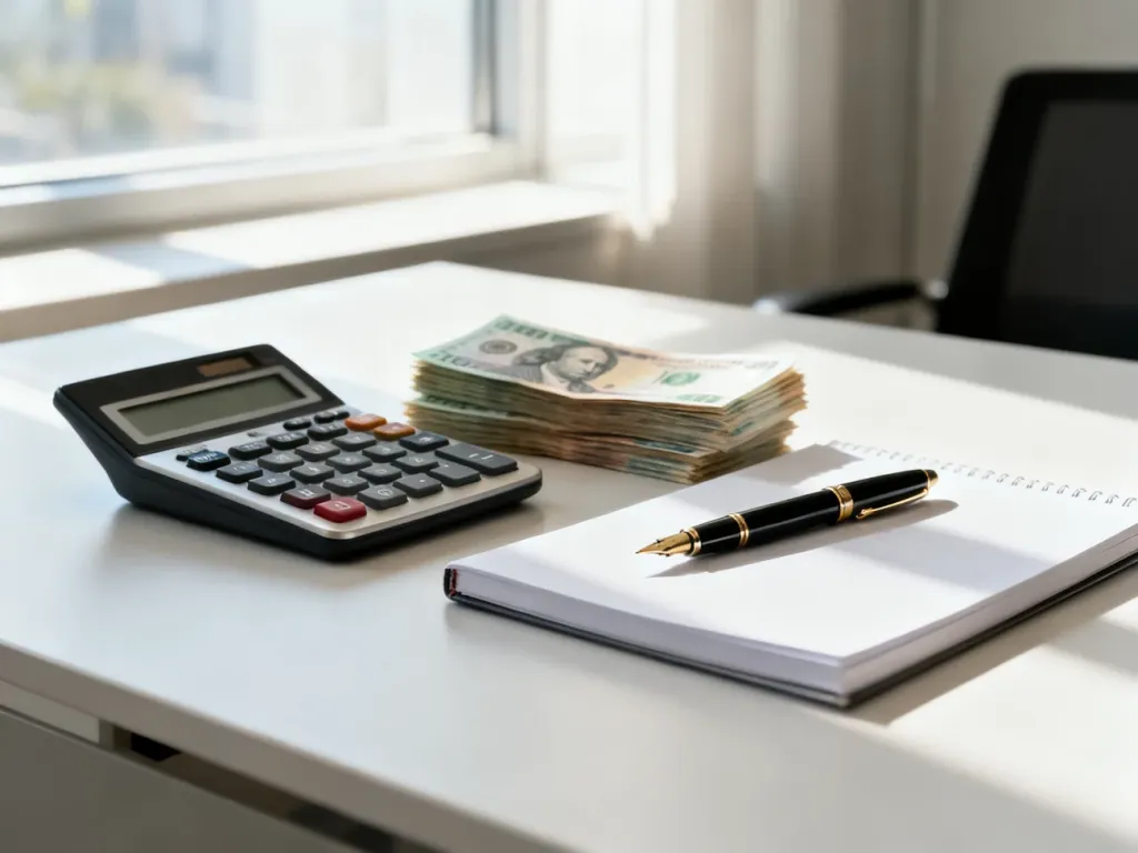 Profesjonalne biurko z kalkulatorem, gotówką i notatnikiem, symbolizujące obliczenia finansowe i planowanie budżetu.