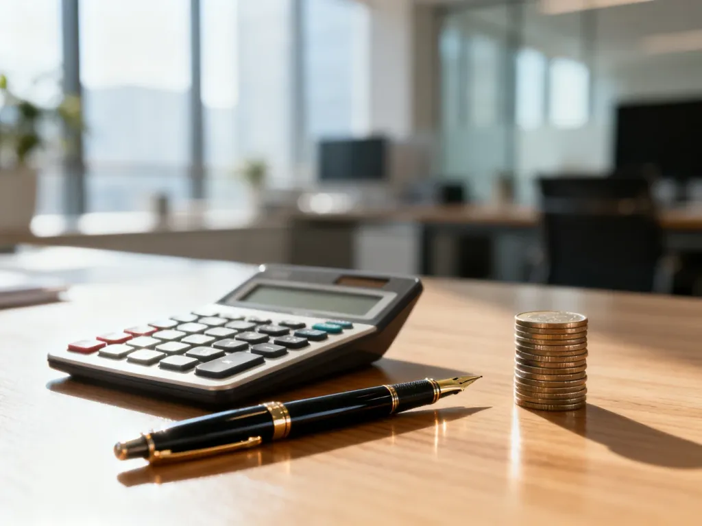 Kalkulator, pióro i monety na biurku, symbolizujące obliczanie wynagrodzenia i planowanie finansów.