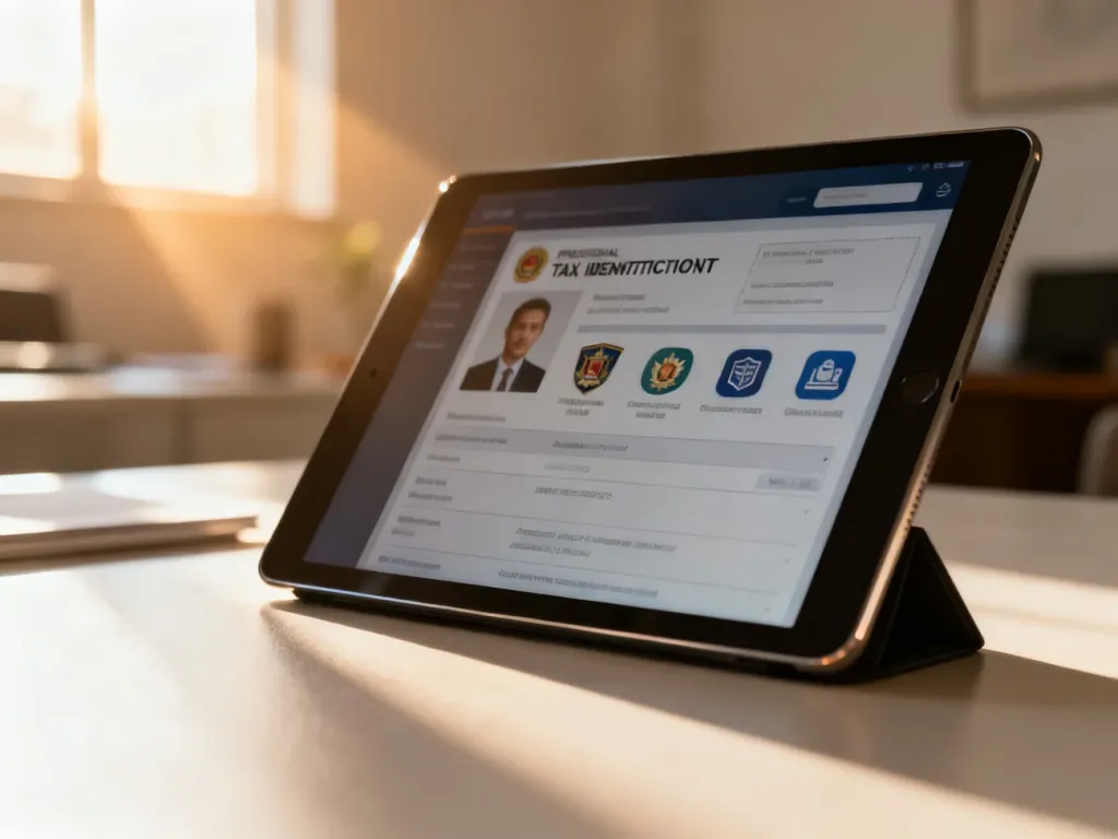 Tablet z wyświetlonym interfejsem dokumentu podatkowego w jasnym, domowym biurze.