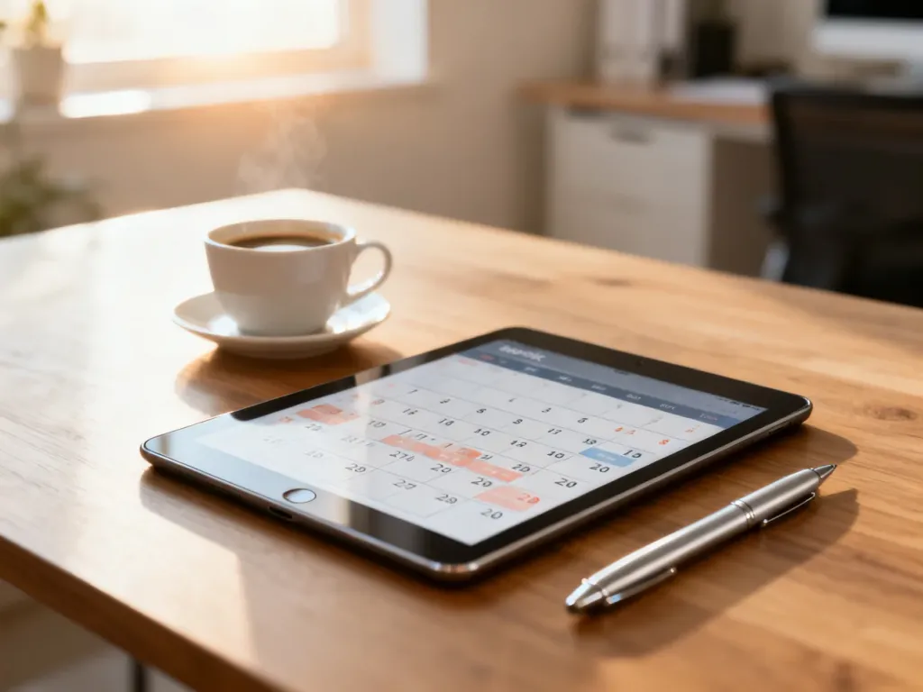 Tablet z kalendarzem na biurku, symbolizujący planowanie czasu pracy i organizację obowiązków zawodowych.